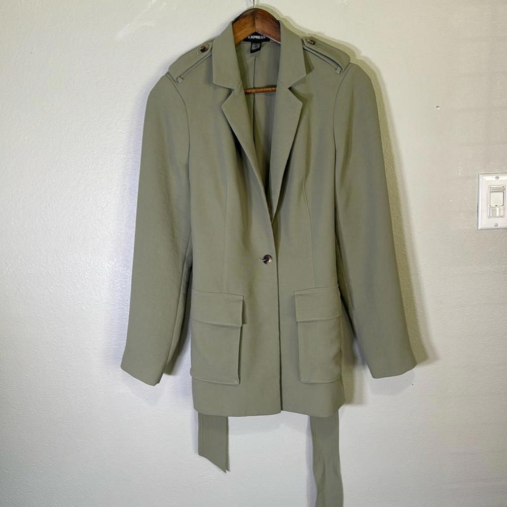 Chic Olive Green Blazer with Belted Waist